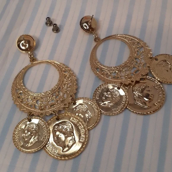 Gold Napoleon Faux Coin Filigree Dangle Pierced Earrings - Picture 3 of 4